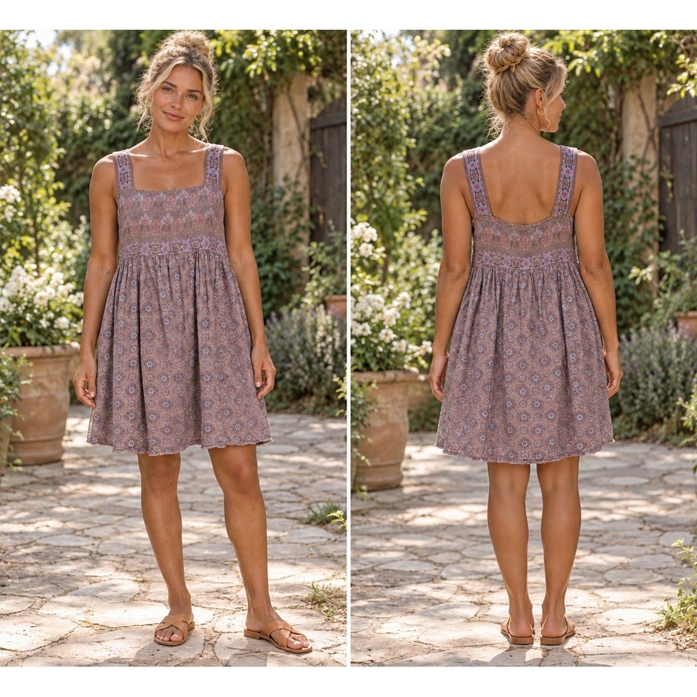Natural Life Dress Large Cotton Floral Boho Babydoll Mini Sundress Cottagecore